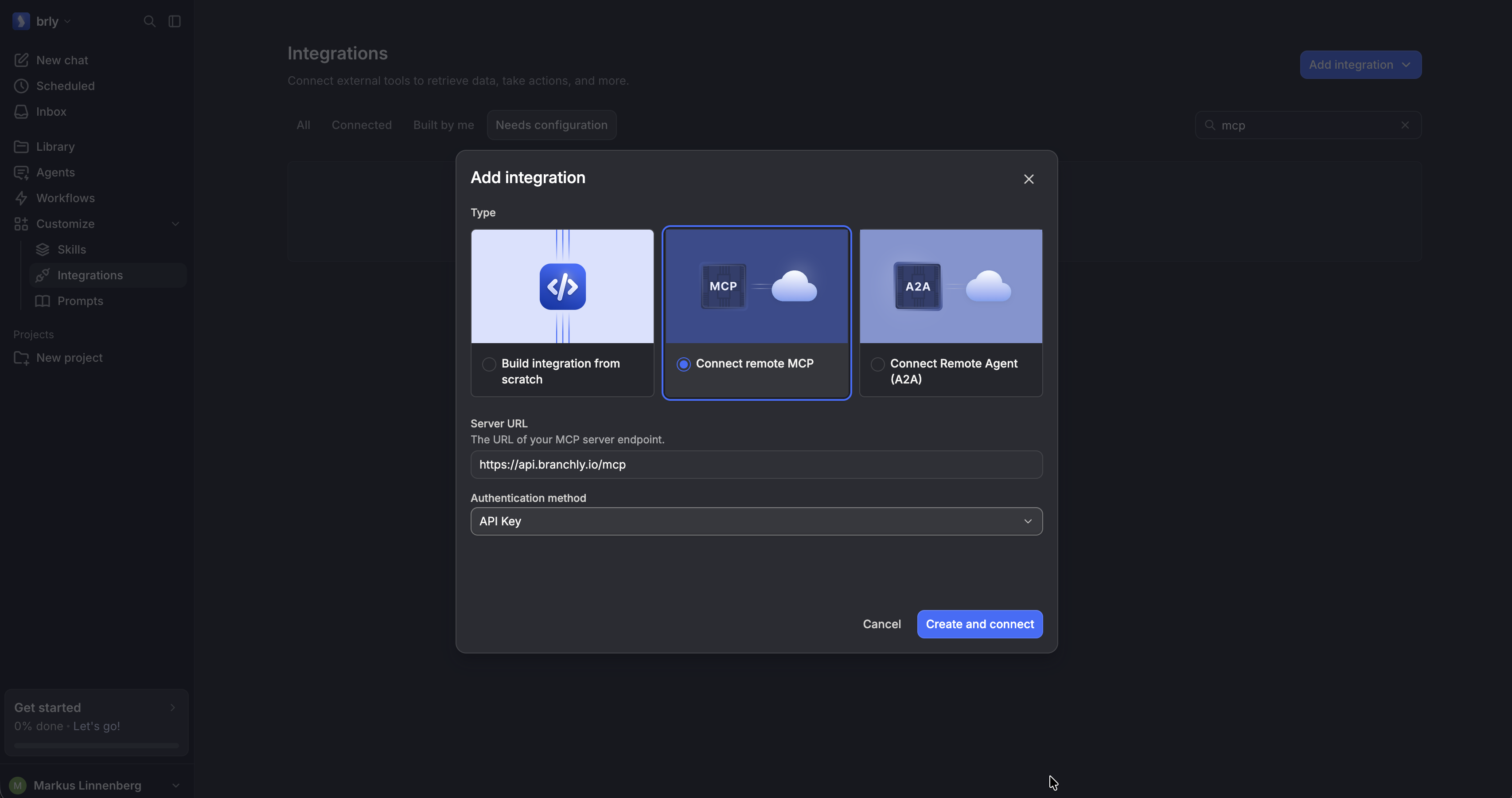 Select Connect remote MCP in the Add integration modal